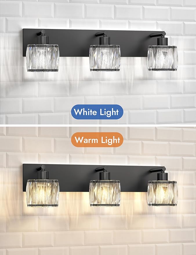 VOLISUN Crystal Vanity Lights for Bathrooms, 3 Light Bathroom Vanity Light, Modern Matte Black Bathroom Light Over Mirror, Black Bathrooms Lights Fixtures-UL Certificated(Exclude Bulb)
