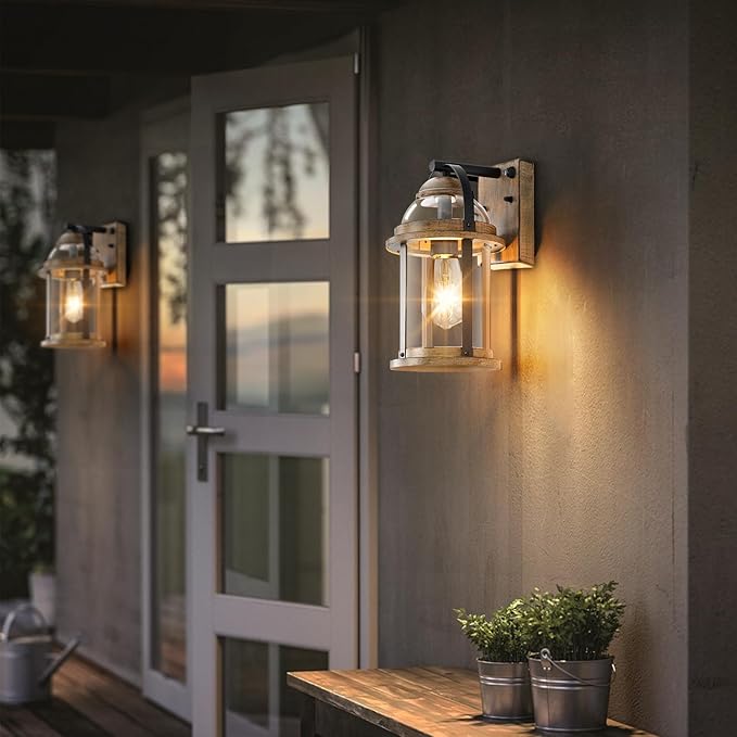 OKELI Dusk to Dawn Outdoor Wall Lights, Waterproof Lighting Fixtures Rustic Farmhouse Wall Lanterns with Clear Glass Shades Anti-Rust Outside Lights for Garage Patio Porch(Wood Grain, 2 Pack)