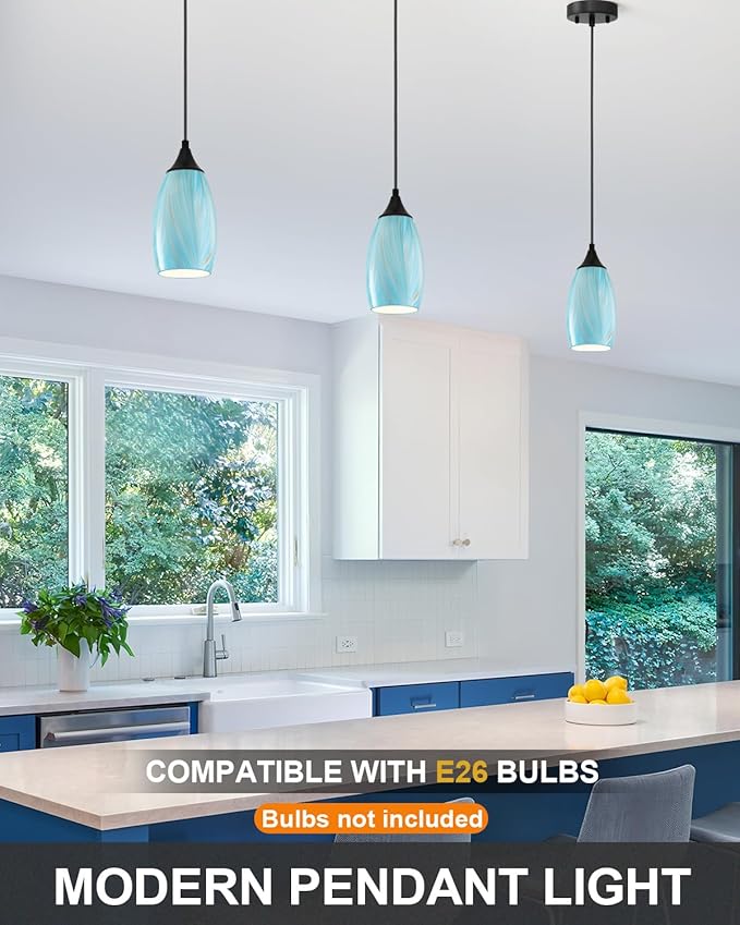 ANYLOVE Vintage Art Blue-Gold Pendant Lighting,1-Pack Hand Glass Hanging Light Fixture,Adjustable Cord for Kitchen,Hallway,Dining Room
