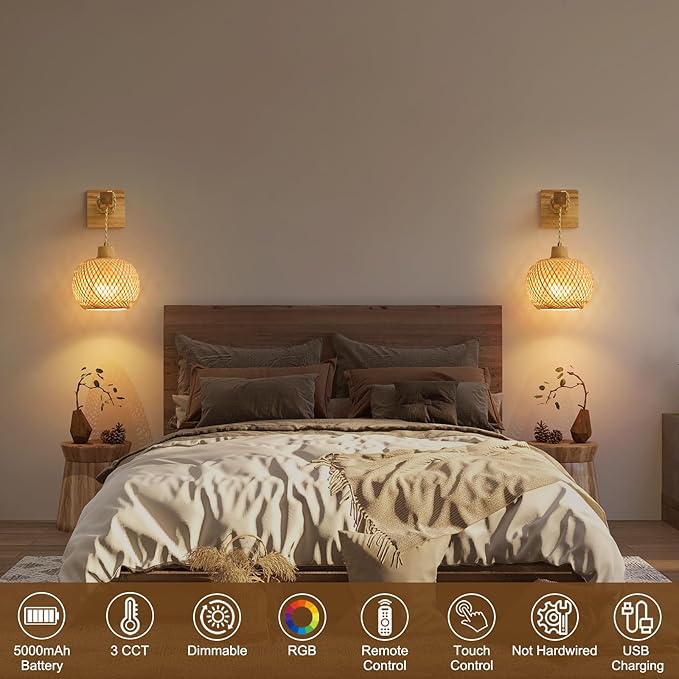 Vitnucrol Bamboo Battery Operated Wall Sconces Set of 2, Rechargeable Rattan Cordless Battery Powered Wall Lights/Lamps with Remote, Woven Boho Wireless Decor Lighting Fixture for Living Room Bedroom