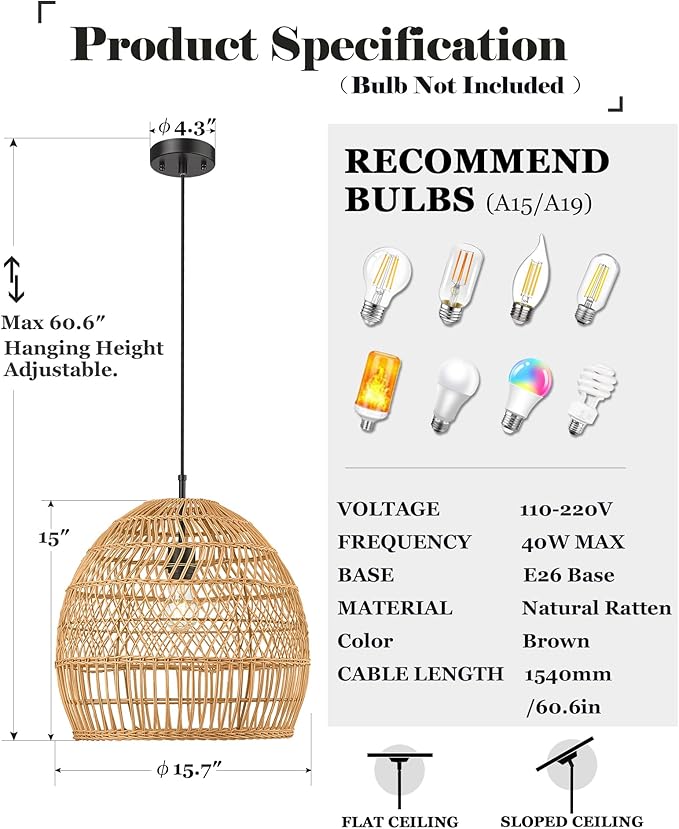 ELYONA 16” Large Boho Rattan Chandelier, Modern Rustic Wicker Pendant Light Fixtures, Basket Hand Woven Hanging Lamp for Coastal Kitchen Island Dining Room Living Room Bedroom Foyer (40cm*40cm)