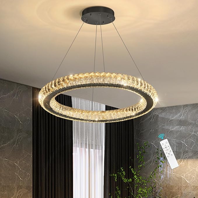 HAIXIANG Crystal Ring Chandelier Black Modern LED Pendant Lights for Dining Room Remote Dimmable Hanging Light Kitchen Island Entrance Bedroom Lighting Chandeliers
