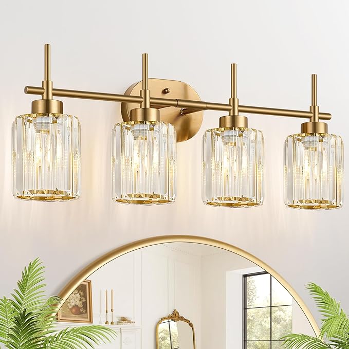 Modern Crystal Bathroom Vanity Light, 4-Light Gold Bathroom Light Fixtures Over Mirror, Crystal Vanity Light with Brushed Gold Finish (Bulbs Not Included)