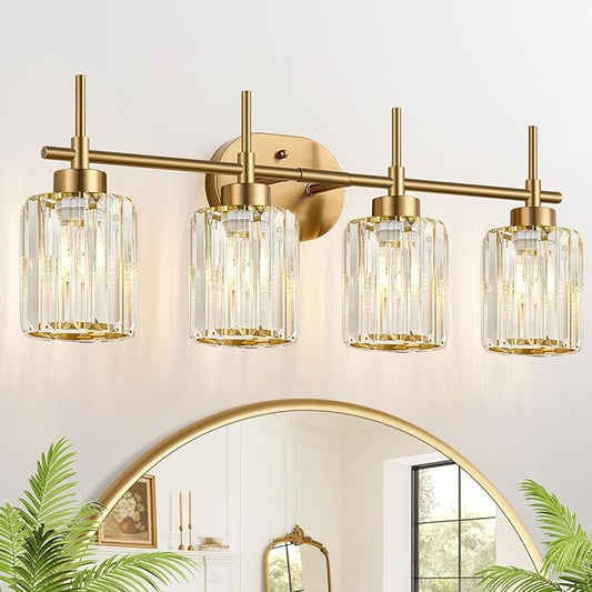 Modern Crystal Bathroom Vanity Light, 4-Light Gold Bathroom Light Fixtures Over Mirror, Crystal Vanity Light with Brushed Gold Finish (Bulbs Not Included)