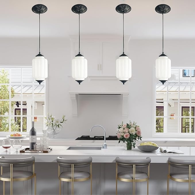 Vintage Milk Glass Pendant Lights Kitchen, Brass Color Glass Ceiling Light Fixture, Retro Industrial Pendant Lighting for Dining Room, Kitchen, Bedroom, Entryway, Hallway (White, 5.5in)