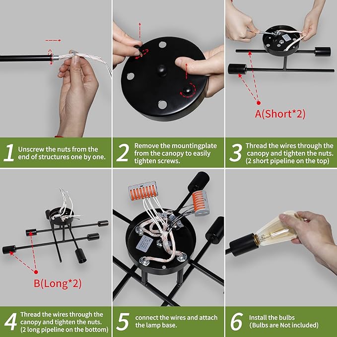 6-Lights Semi Flush Mount Modern Ceiling Light Fixture, Industrial Ceiling Light, Black Vintage Metal Sputnik Chandelier, Farmhouse Lighting for Kitchen Dining Room Living Room Bedroom