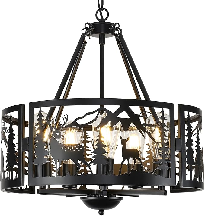 Rustic Ceiling Light Fixtures -Bear Deer Design, 5-Light Farmhouse Adjustable Black Chandelier Pendant Light for Dining Room, Bedroom, Kitchen, Entryway, Living Room (No Bulb Included)