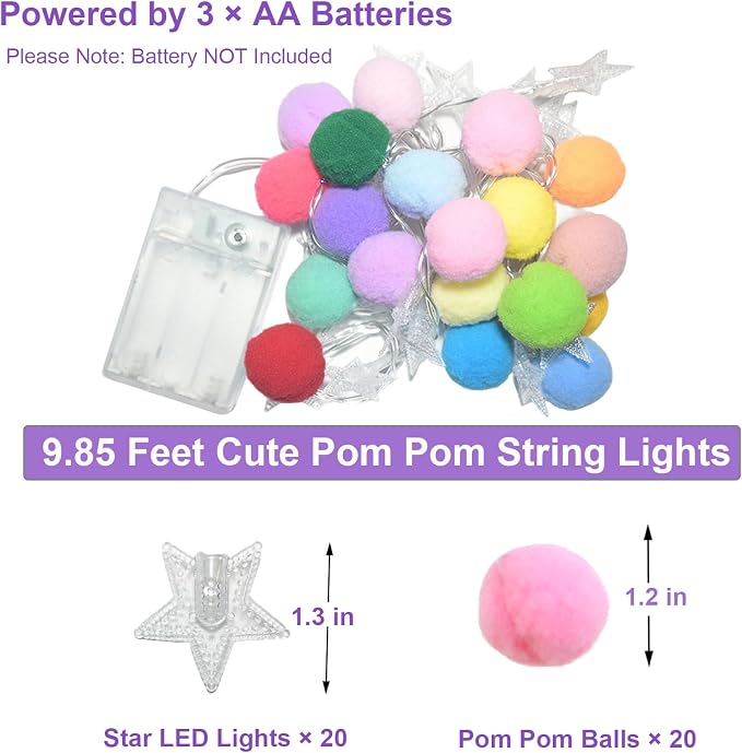9.85FT String Lights for Kids Room with 20 Cute PomPoms 20 Colorful Star LED Indoor String Lights Battery Operated with Timer for Girls Bedroom Birthday Party Kids Playhouse Wedding Party Decoration