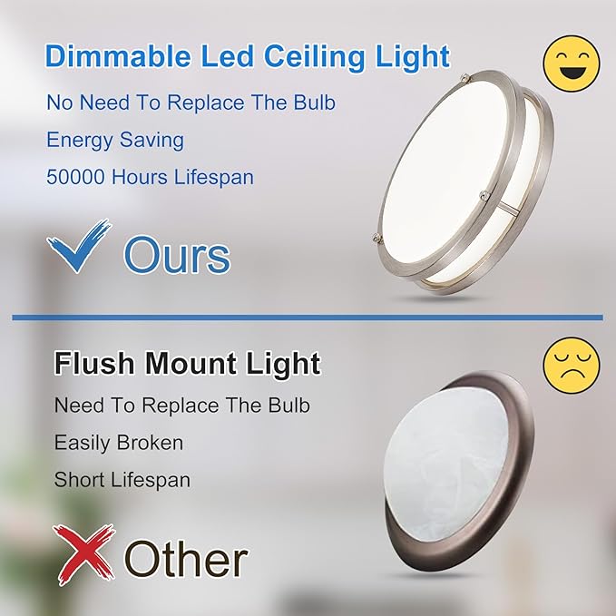 DLLT Flush Mount LED Ceiling Light: 10 Inch 5CCT (3000K-6000K) & Dimmable Ceiling Light Fixtures for Bedroom Hallway - 18W Modern Brushed Nickel 1600LM Super Bright Kitchen Lighting Fixtures Ceiling