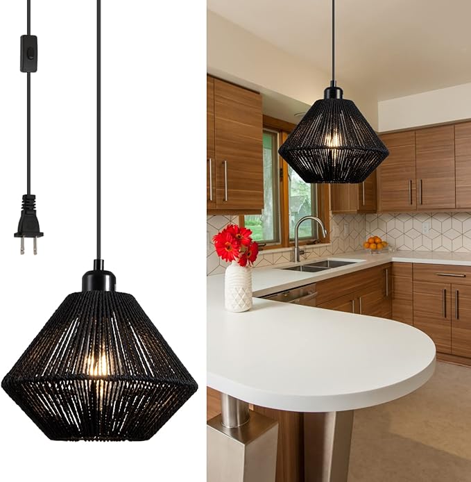 Black Woven Plug in Pendant Light Fixture, 9.65’’ Rustic Farmhouse Pendant Hanging Light with Plug in Cord & On/Off Switch for Kitchen Island Living Dining Room Bedroom Foyer