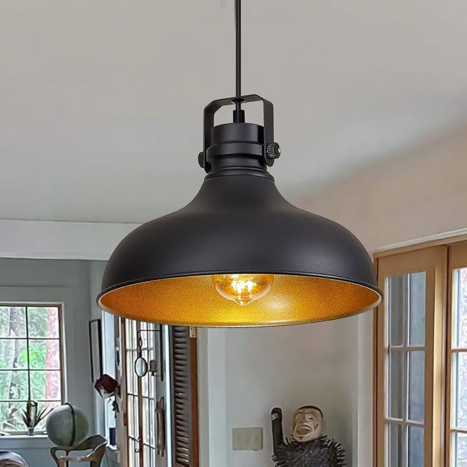 Black Farmhouse Pendant Lights Matte Pendant Lighting for Kitchen Island Industrial Adjustable Height Vintage Dome Hanging Light Fixtures for Barn, Dining Room 1 Pack