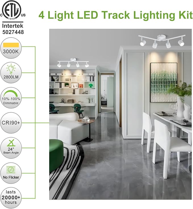Arcfox 30W 4 Light LED Track Lighting Fixtures Ceiling Spotlight 3000K Warm White Dimmable Flexibly Rotatable Light Head ETL, 24°, CRI90 for Kitchen Accent Task Lighting White (4 Head)