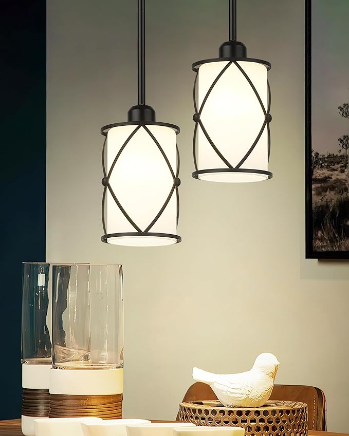 Glass Pendant Lights Kitchen Island, 2 Pack Modern Black Pendant Light Fixtures with Frosted Glass and Rod, Mid Century Cage Pendant Light for Kitchen Sink Dining Room, CH9176BKW-2PK