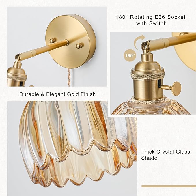 Plug in Wall Sconces Set of 2, Vintage Wall Sconce Light with Tulip Amber Glass Lampshade, Bedroom Wall Sconce with Switch and Plug in wall lamp Cord, Gold Wall Light Wall Decor Set of 2