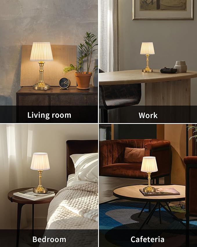 KDG Cordless Portables Table Lamp Set of 2, LED Fabric Shade Small Desk Lamps, 5000mAh Battery Powered Lighting, 2700K Stepless Dimmable Light for Living Room, Dining Room, Bedroom, Bedside (Gold)