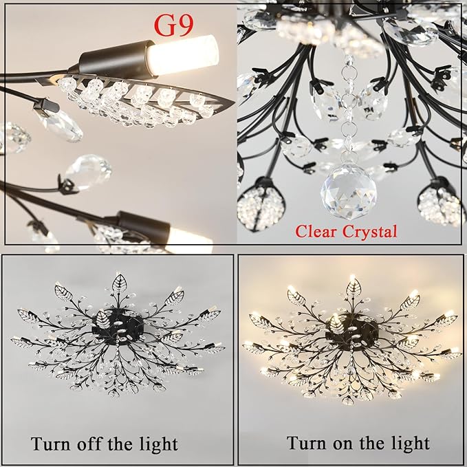 Modern Crystal Ceiling Light Fixture,Semi Flush Mount Chandeliers,Crystal Leaf Ceiling Light, Chandeliers for Dining Room,Living Room,Bedroom