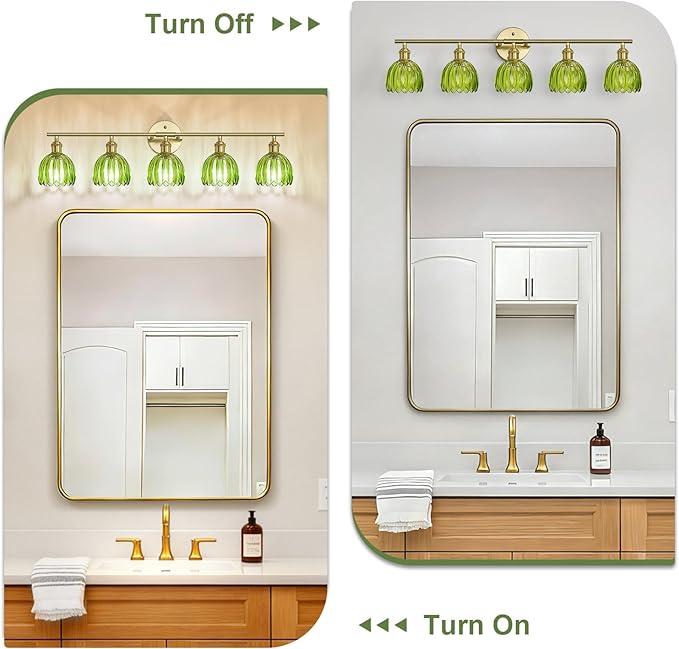 Vintage Bathroom Light Fixtures,5-Light Hardwired Vanity Lights with Green Tulip Glass Shade,Gold Bathroom Vanity Light for Mirror Restroom,E26 Socket,33.46 in(Bulbs Not Included)