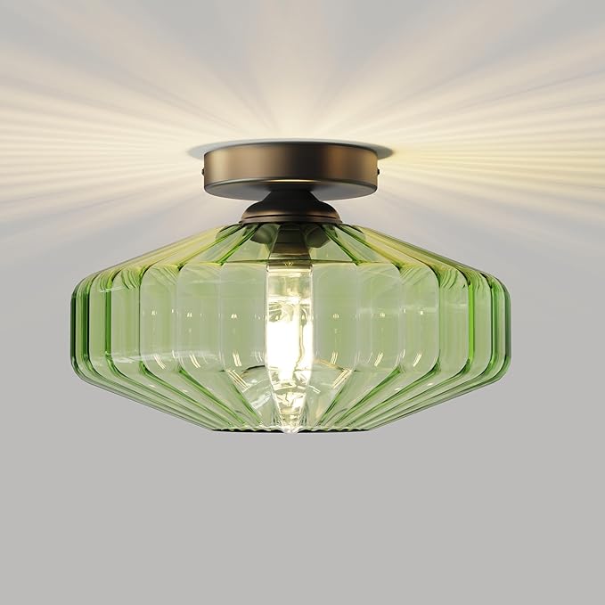 FCTWAKS Semi Flush Mount Ceiling Light, 11.8" Mid Century Modern 1-Light Close to Ceiling Light Fixtures with Drum Green Glass Shade for Bedroom Entryway Hallway Porch Foyer