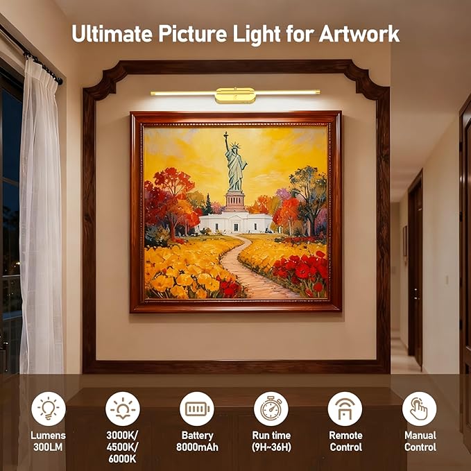 Glendan Wireless Picture Light for Wall: 24" Rechargeable Art Light with Remote & Timer, 8000mAh Battery Operated Poster Lights, 3 Color Modes & 3 Brightness Levels for Pictures, Gallery, Frame