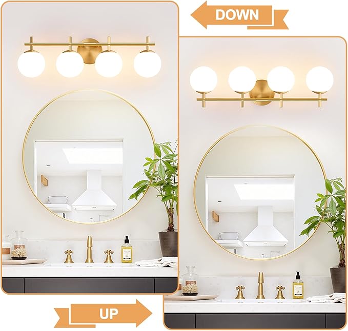 MOKATNG 4-Light Bathroom Light Fixtures, Brushed Gold Vanity Lights for Bathroom with Milky White Glass Shade, Bathroom Lighting Fixtures Over Mirror, Wall Sconce for Bedroom (Bulb Not Included)