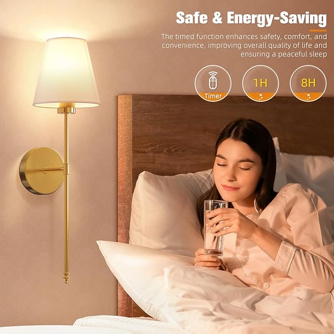 NIORSUN 19.9 inch Battery Operated Wall Sconce Set of 2,Gold Rechargeable Wall Lights with 5200mAh Dimmable Detachable Bulbs and Remote,10 Colors Wireless Sconces for Bedroom Living Room Hallway