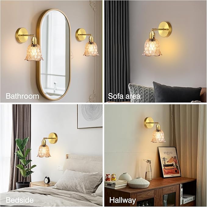 Vintage Wall Sconces - Hardwired Wall Lights with Amber Tulip Glass Shade,Brass Wall Lamps for Bathroom Bedroom Stairway Bathroom Living Room Corridor(Bulbs Not Included,E26 Socket)