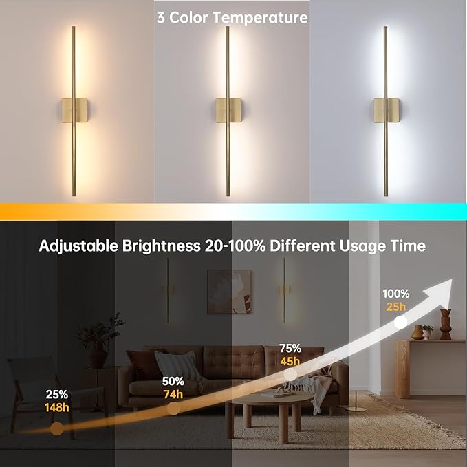 Shenmoyl Battery Operated Wall Sconce Set of 2, 10400mAh Rechargeable Wall Sconces, 3000K-6000K Dimmable, 350°Rotate, Indoor Wall Lights for Bedroom Living Room Bathroom, Gold, 31.5 Inch
