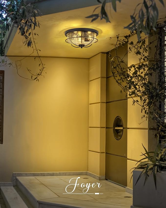 3-Light Flush Mount Ceiling Light, HWH 15 inch Hallway Light Fixtures Ceiling with Seeded Glass, Matte Black Finish, 5HTJ102F BK