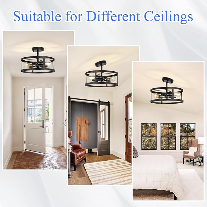 Semi Ceiling Light Fixture,3-Light Black Flush Mount Ceiling Light,13 Inch Hallway Light fixtures Ceiling,Light Fixtures Ceiling Mount for Farmhouse,Kitchen (2, 13.1 inch)