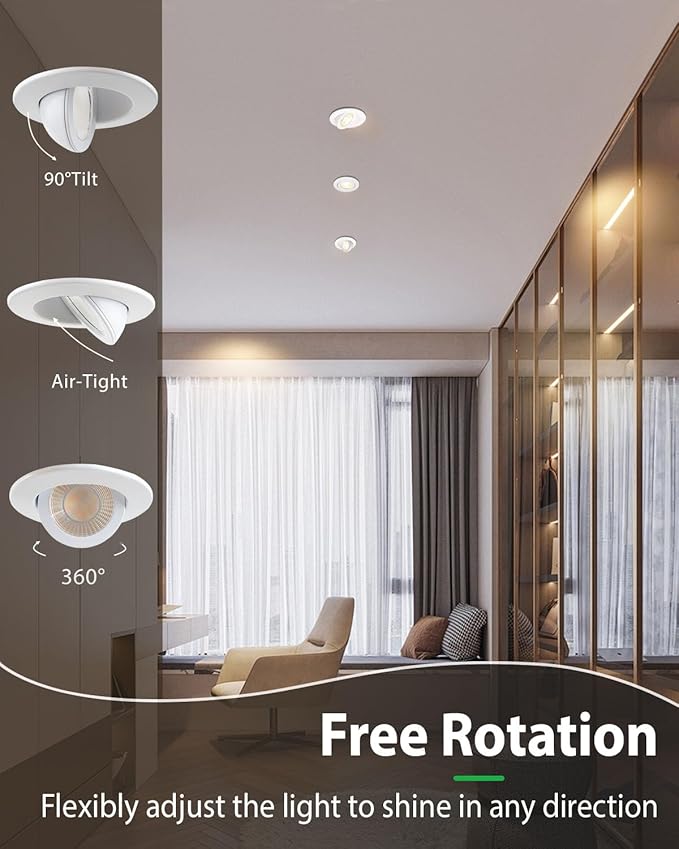 zouzai 3 Inch 5CCT Gimbal Led Recessed Lighting with Junction Box, 2700K/3000K/3500K/4000K/5000K Selectable, 7W Eqv 80W, 360°+90° Adjustable Recessed Lights, 798LM Brightness - ETL (White, 1 Pack)