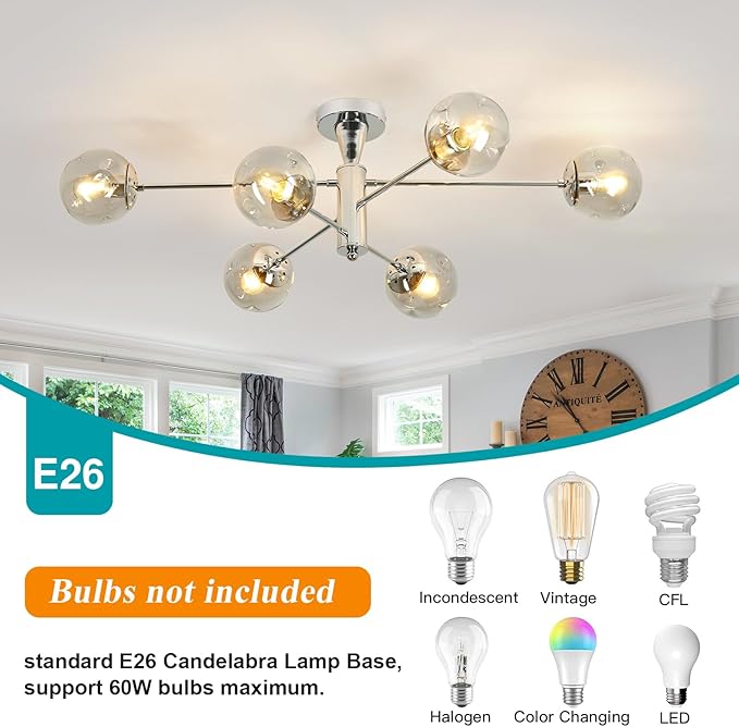 hesoge Modern Sputnik Ceiling Lights 6 Light Semi Flush Mount Ceiling Fixture with Glass Globes Chrome Chandelier for Dining Room Bedroom Living Room Kitchen Farmhouse.