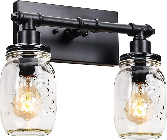 2 Light Bathroom Vanity Light Black Bathroom Light Fixture, Industrial Farmhouse Wall Sconce with Glass Shades, Mason Jar Vanity Light Fixture, Pipe Wall Lamp for Mirror Bedroom Hallway Living Room