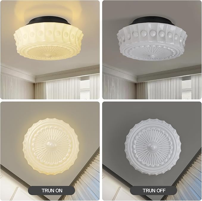 White Milk Glass Ceiling Light Fixture, 13.8'' Flush Mount Lighting for Bedroom, Hallway, Kitchen & Dining Room, Vintage Mid Century Design, 4 LED Bulbs Included, Ideal for Modern Farmhouse
