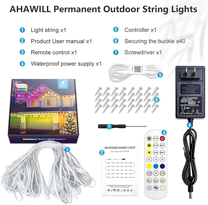 AHAWILL 100FT Christmas Permanent Outdoor Lights,RGB Eaves Lights with App & Remote Control,DIY Multi-Color Scene Modes,IP67 Waterproof,Outdoor Strings for House,Holiday Decorations for Christmas