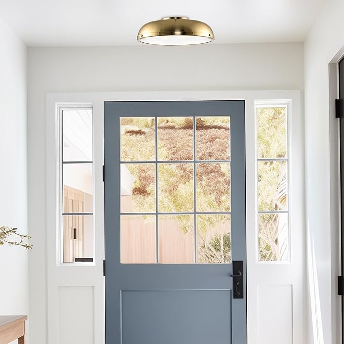 Kira Home Alston 14" Mid Century Modern Gold Semi Flush Mount with Frosted Glass Diffuser, 3-Light Low Profile Dome Gold Ceiling Light, Cool Brass Finish