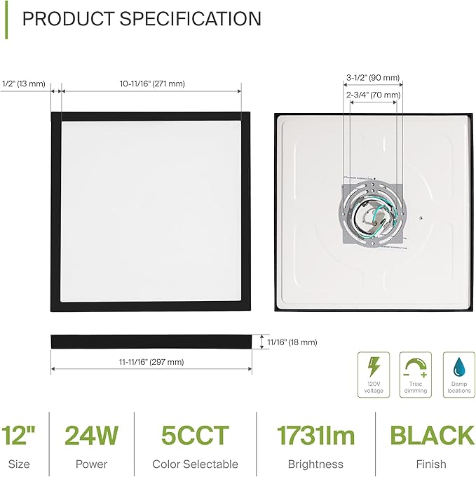 ASD LED 12" Square Flush Mount Ceiling Light Fixture, Low Profile Surface Lighting | 5CCT, Dimmable, Ultra-Thin, ETL Listed | 24W 1700LM 2700-6000K 120V | Kitchen, Bedroom, Hallway Lamp | Black