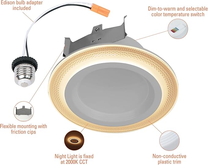HALO RL Night Light 4 in LED Recessed Downlight with Night Light Mode, 700 Lumens, Selectable CCT 2700K-5000K, Dim-to-Warm, Matte White - RLNL4079FSD2W1EWH