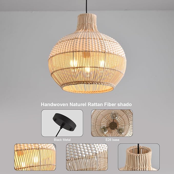 3-Light Rattan Pendant Light Fixture, 15" Hand-Woven White Wicker Basket Chandelier Boho Faux Rattan Hanging Lamp,for Dining Living Bedroom Kitchen