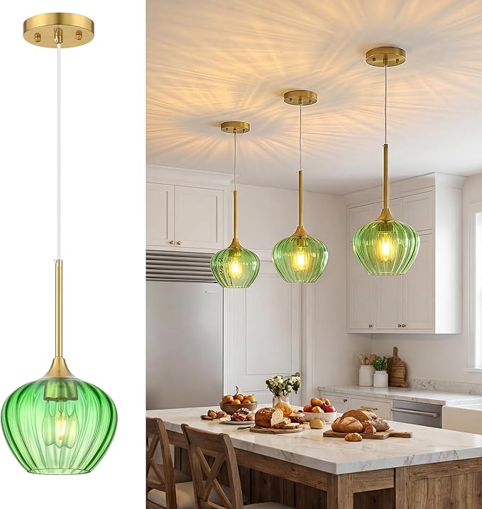 Green Glass Pendant Lights Kitchen Island, 7" Vintage Pendant Lighting with Brushed Gold Adjustable Hanging Light Fixtures for Kitchen, Dining Room, Sink, Bathroom