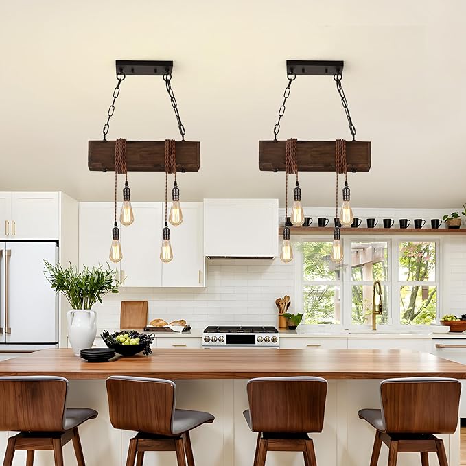 KEESFU 4-Lights Farmhouse Pendant Lights Kitchen Island, Rustic Wooden Ceiling Hanging Light, Height Adjustable, Dining Room Chandelier for Kitchen Island Dining Room Bar Pool Table Cabin.