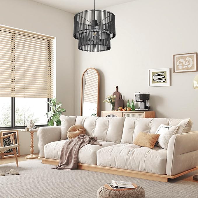 Woven Rattan Pendant Lamp, 16 Inch Large Natural Simple Hand Weaved Coastal Beach Black Rope Hanging Pendant Light Fixture for Dining Room Living Room Bedroom Kitchen Foyer