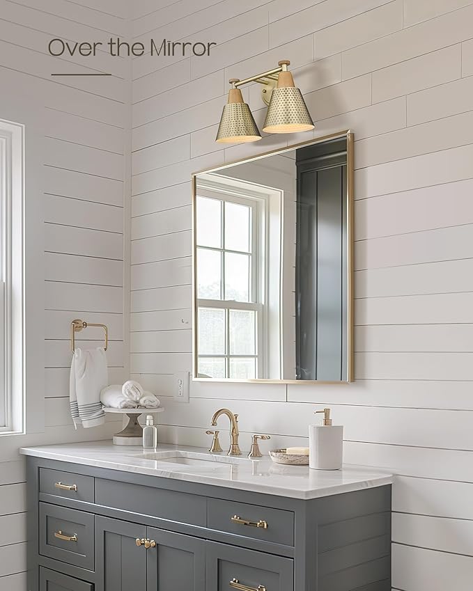 FEMILA Bathroom Light Fixtures, 2-Light Bathroom Vanity Lights Over Mirror, Antique Gold Wall Sconces, Hammered Metal Shade, 4FG59B-2W BG