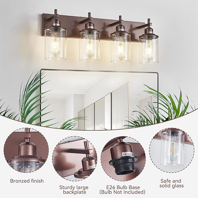 Lanhall 4-Light Bronze Bathroom Light Fixtures Over Mirror, Modern Bathroom Vanity Light with Clear Glass Shade, Wall Sconce for Bathroom Hallway Cabinet Bedroom