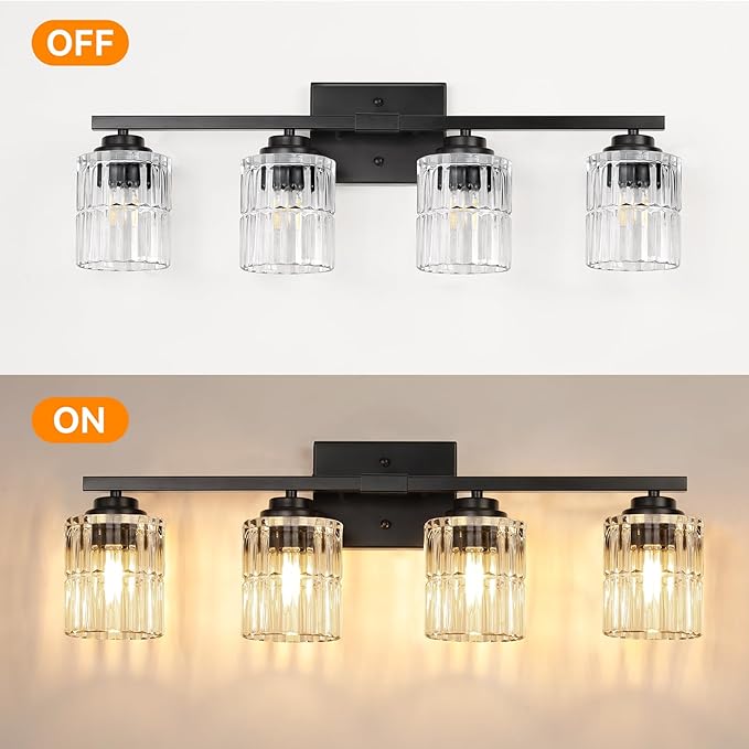 TALOYA 27 Inch Brushed Black Bathroom Light Fixtures with Thickend Clear Tapered Glass Shade, 4-Light Modern Vanity Light Over Mirror for Bathrooms, Bedrooms (Bulbs Not Included)