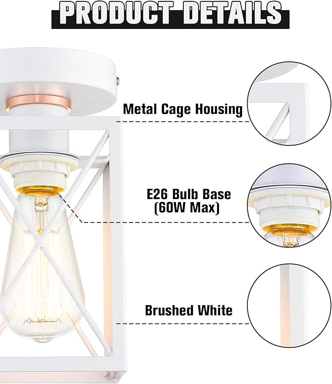 Ken & Ricky Modern Semi Flush Mount Ceiling Light, Close to Ceiling Light Fixtures with Small Metal Cage for Hallway Kitchen Sink Bedroom Bathroom Entryway Laundry (White,1PK)