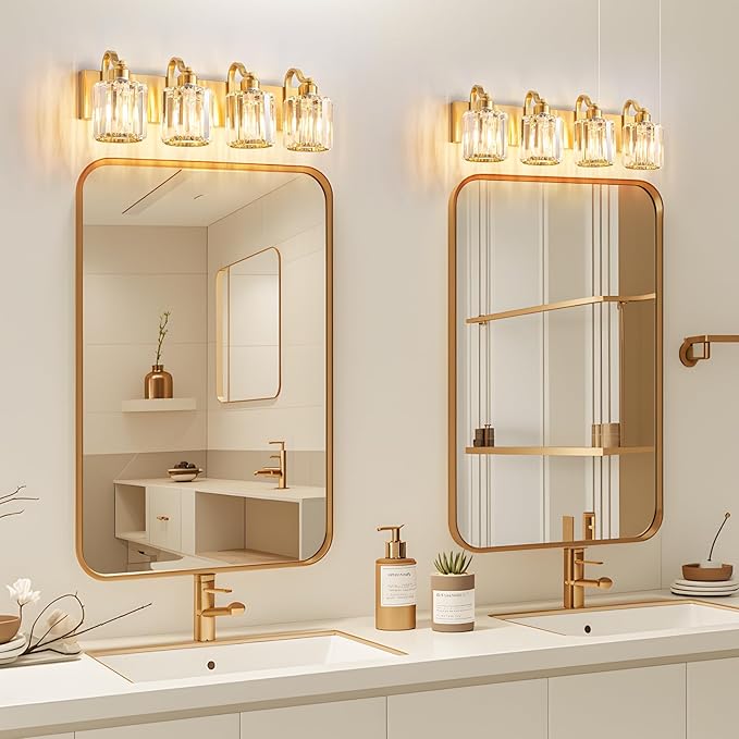 Crystal Vanity Lights, Modern 4-Light Bathroom Lights Over Mirror, Bathroom Light Fixtures with Polished Gold Finish for Mirror Bedroom Living Room (Exclude Bulb)