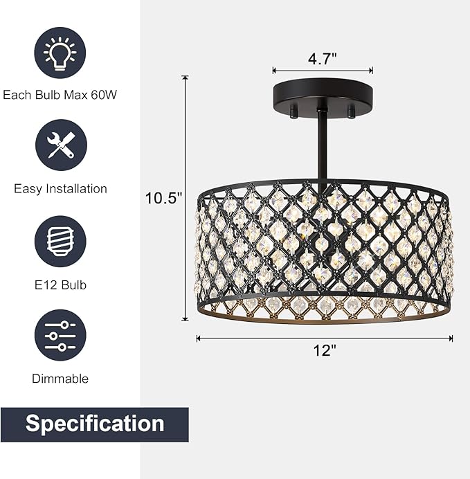 Black Crystal Ceiling Light Fixture,Modern Semi Flush Mount Ceiling Lighting Fixture,Round Small Chandelier for Dining Room, Hallway, Entryway, Kitchen, Bedroom,Foyer,3 Light,12 inch