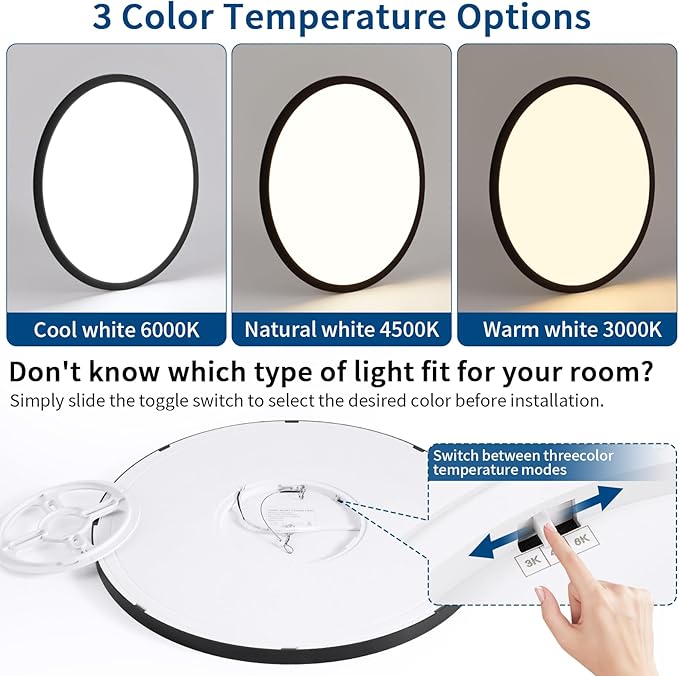 Modern 16'' Led Ceiling Light Fixture, Ultra Thin Flush Mount, Dimmable & 3000K/4500K/6000K Selectable, 28W 2800LM, Black, for Bedroom, Kitchen, Dining Room, Living Room, Home Office, Hallway