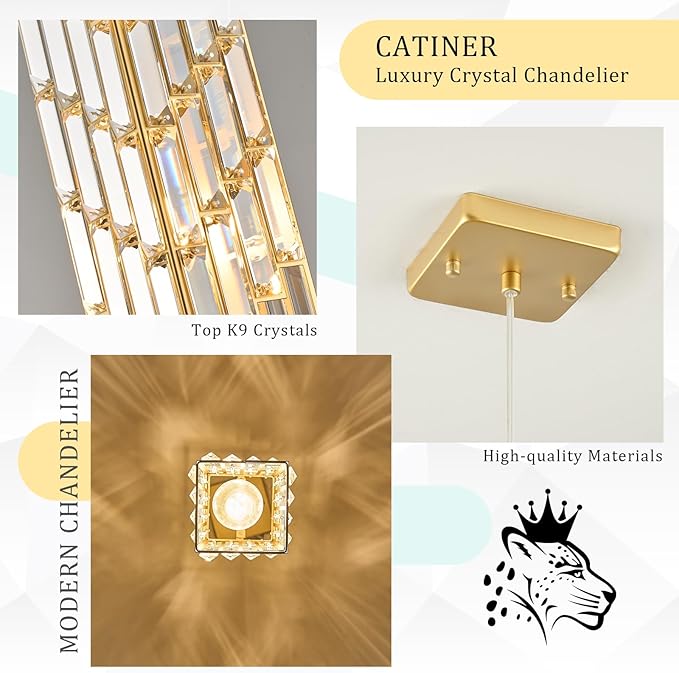 CATINER Gold Crystal Pendant Light, Mini Hanging Pendant Lighting Fixture with Adjustable Cord, Modern Luxury Pendant Light for Kitchen Island, Dining Room, Bedroom, Hallway, E26 Base (1 Pack)