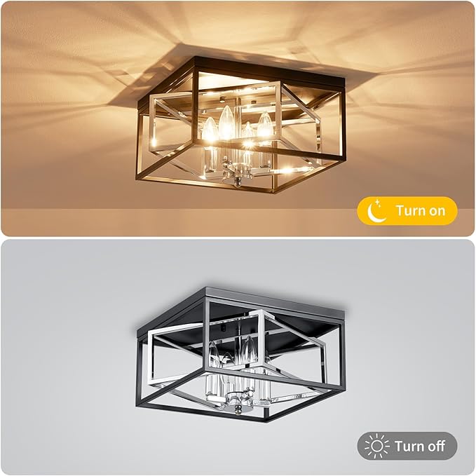 Square Ceiling Light, 4-Light Flushmount Modern Close to Ceiling Light Fixture for Living Room, Bedroom, Dining Room, L13 x W13 x H7 inch, Black & Chrome Finish Frame